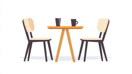 Two chairs and a small table with cups, cafe interior illustration, for digital products