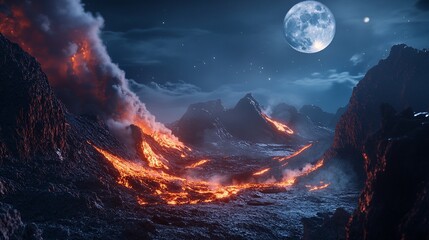 A breathtaking scene of a volcanic landscape illuminated by a full moon. The fiery lava flows contrast with the serene ambiance of the night sky. Generative AI