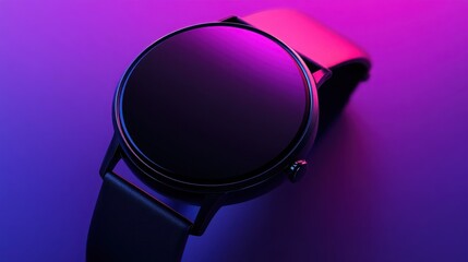 Stylish Dark Colored Smartwatch with Black Band on Purple Background Neon Lighting