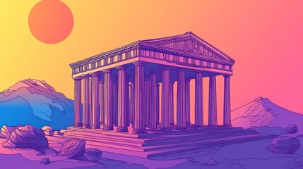 Obraz premium Ancient temple, desert landscape, vibrant colors, sunset background, digital art, stock photo