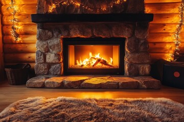 Cozy wooden cabin features a large stone fireplace with warm flames glowing in the evening light Generative AI