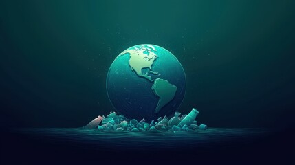 Fototapeta premium Global contamination and pollution concept showcasing Earth surrounded by plastic waste in ocean depths, highlighting environmental challenges and sustainability issues