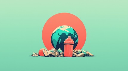 Fototapeta premium Vibrant Illustration of Earth Surrounded by Pollution and Waste, Highlighting Environmental Concerns and the Urgency for Sustainable Practices