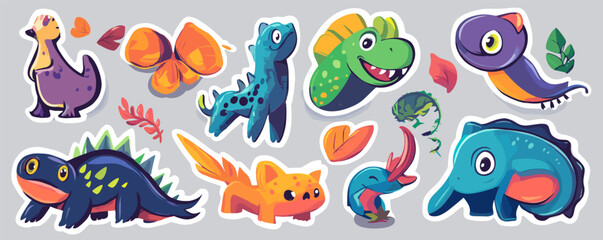 Colorful cartoon dinosaurs and animals with leaves and butterflies.
