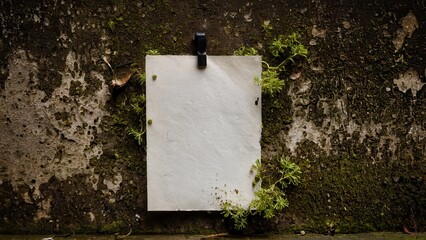 Blank paper mockup on a mossy wall, ideal for creative designs.