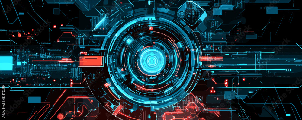 Poster futuristic digital interface with blue and red tech elements in a circular design.