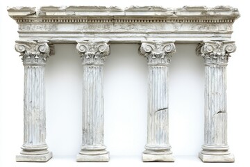 Obraz premium Ancient architectural marvel showcasing weathered stone columns and ornate frieze against a bright white background evoking timeless beauty
