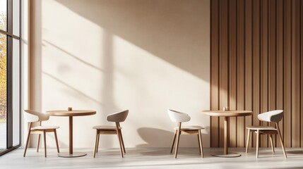 Modern cafe interior with sunlight and wooden accents.  Possible use stock photo for interior design, restaurant, cafe, or coffee shop
