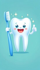 Cute animated tooth character holding a toothbrush, promoting dental hygiene and healthy smiles for kids and families.
