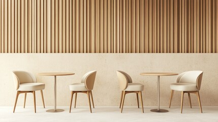 Modern cafe interior with wooden wall and beige furniture.  Possible use Restaurant design inspiration