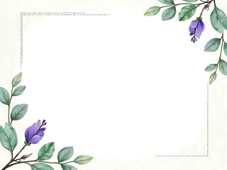 Obraz premium Watercolor vector corner border frame. Green eucalyptus leaves and purple flowers. Greenery clipart for wedding invitation, greeting cards, save the date, stationery design. Hand drawn illustration.