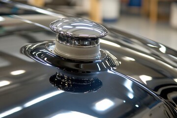 Obraz premium Polishing machine enhances car's hood finish in an auto body shop during the day Generative AI