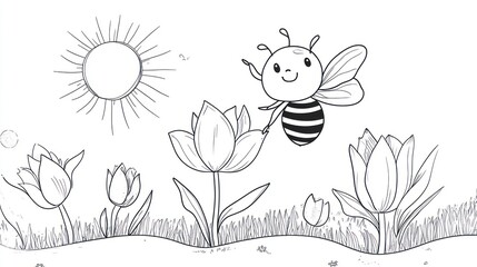 Naklejka premium Cute bee on flowers, sunny spring day, simple line art, coloring page