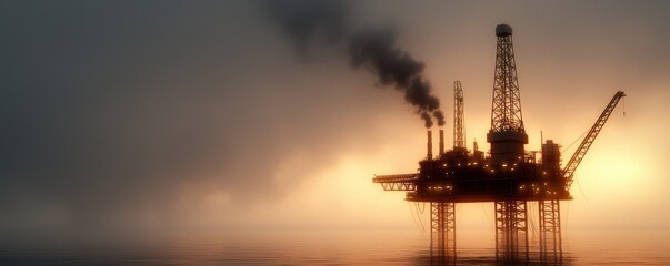 Obraz premium A silhouetted oil rig emits smoke against a hazy sunset, reflecting the industrial impact on the ocean environment.
