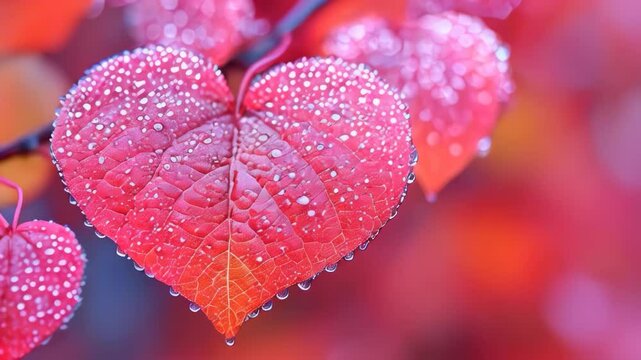 Raindrops glisten on vibrant heart-shaped leaves in a tranquil autumn setting