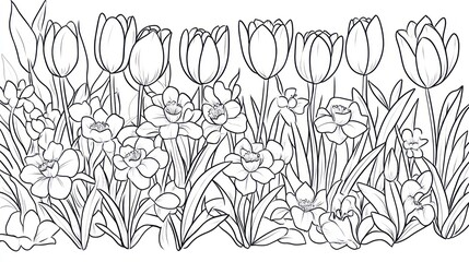 Black and white flowers, garden, spring, coloring book, design element, detailed botanical illustration, decorative, vector art, perfect for