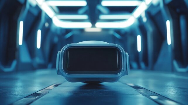 Futuristic Virtual Reality Headset in Sci Fi Corridor Technology Innovation and Metaverse Concept