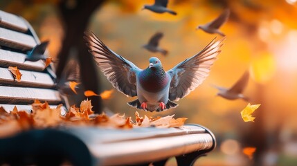 Pigeon is flying over a bench with leaves on it