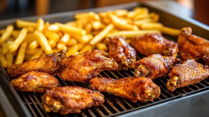 Crispy Grilled Chicken Wings with Delicious Golden French Fries on a Hot Grill