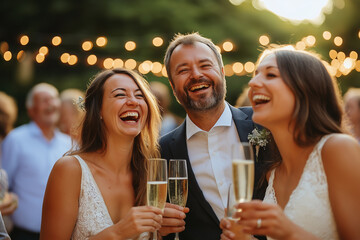 A happy couple standing amongst friends, laughing and celebrating. The friends toast with champagne.