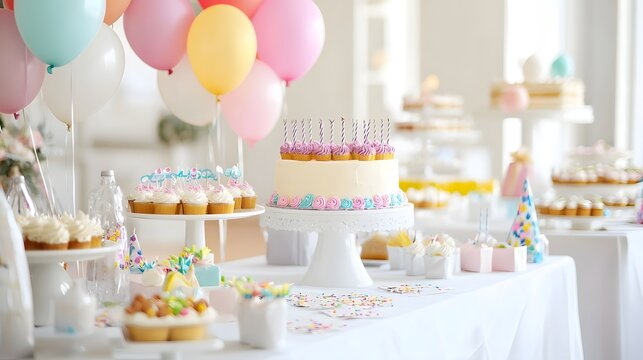 Vibrant birthday party arrangement featuring a table decorated with a birthday cake festive balloons wrapped gifts and other party decor elements  Cheerful and joyful scene perfect for birthday