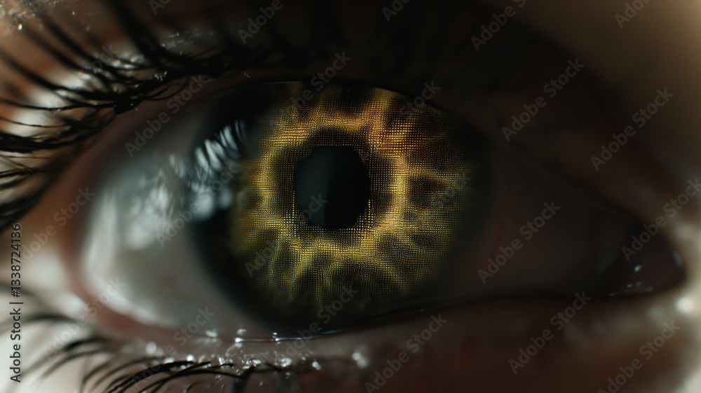 Poster this close-up view of a human eye showcasing innovative genetic modifications and bioengineering.
