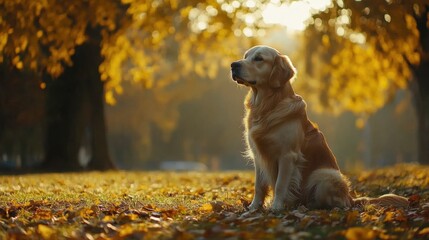 Golden retriever dog sitting in golden autumn park with falling leaves and sunlight shining through trees creating a serene atmosphere