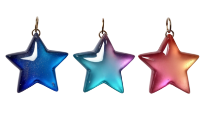 Celestial Trio: Three luminous star ornaments, each a vibrant hue – azure, teal, and rose – hang delicately, hinting at dreams, wishes, and festive moments. 