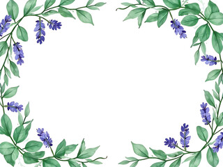 Watercolor vector corner border frame. Green eucalyptus leaves and purple flowers. Greenery clipart for wedding invitation, greeting cards, save the date, stationery design. Hand drawn illustration.
