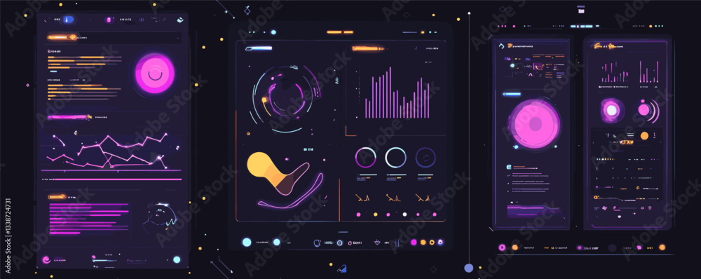 Poster futuristic data visualization interface with neon graphics and dynamic charts.