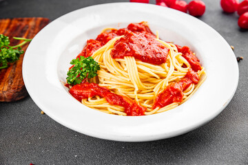 Spaghetti bolognese pasta tomato sauce tasty fresh delicious gourmet food background table rustic food top view copy space