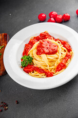 Spaghetti bolognese pasta tomato sauce tasty fresh delicious gourmet food background table rustic food top view copy space