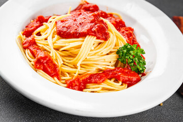 Spaghetti bolognese pasta tomato sauce tasty fresh delicious gourmet food background table rustic food top view copy space