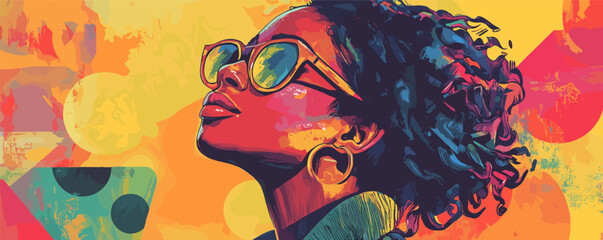 Colorful abstract portrait of woman wearing sunglasses against vibrant background.