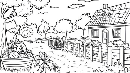 Obraz premium Black and white country scene with house and garden