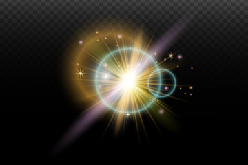 Light flash effect with flares and glow on a transparent background. Magical glow, shining light, star, optical flares for design, photomontage, New Year, and festive projects.
