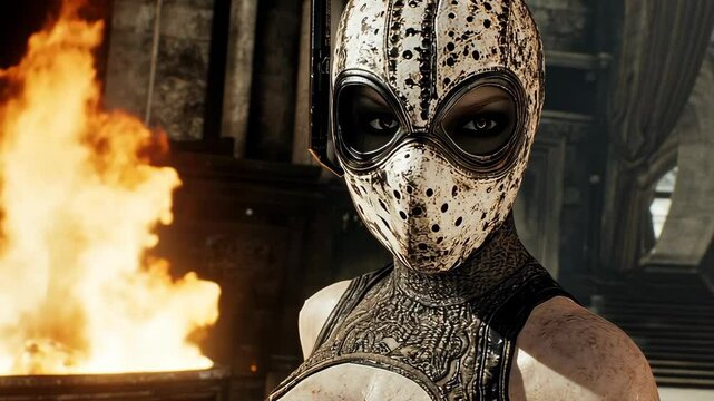 Masked character poses in a detailed, fiery environment with dramatic lighting and unique textures