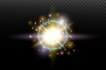 Light flash effect with flares and glow on a transparent background. Magical glow, shining light, star, optical flares for design, photomontage, New Year, and festive projects.