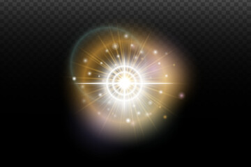 Light flash effect with flares and glow on a transparent background. Magical glow, shining light, star, optical flares for design, photomontage, New Year, and festive projects.