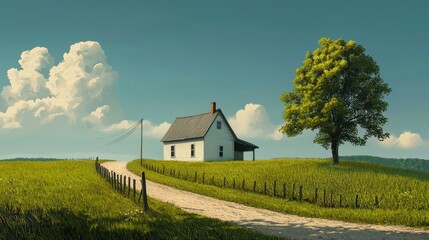 Obraz premium Serene countryside landscape featuring a small white house, green fields, lush tree, and a winding dirt path under a vibrant blue sky with clouds