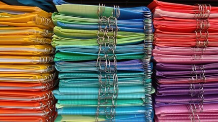 Colorful spiral notebooks stacked, bookstore display, education