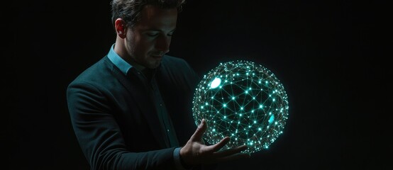 Fototapeta premium A man in a suit holds a glowing, spherical object with interconnected nodes, symbolizing technology and innovation against a dark background.