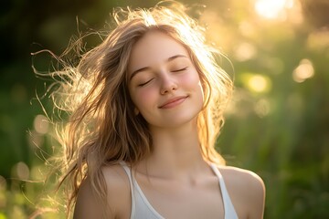Naklejka premium A Young Woman Finds Peace And Serenity In Natures Embrace, Bathed In The Golden Light Of A Summer Sunset, Her Hair Flowing Freely In The Gentle Breeze