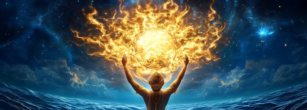 Varaha Avatar lifting Bhudevi, the Earth goddess rising from an infinite cosmic ocean.