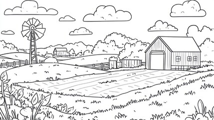 Black and white farm landscape illustration