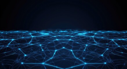 A futuristic digital landscape featuring interconnected nodes and lines glowing in blue against a dark background.