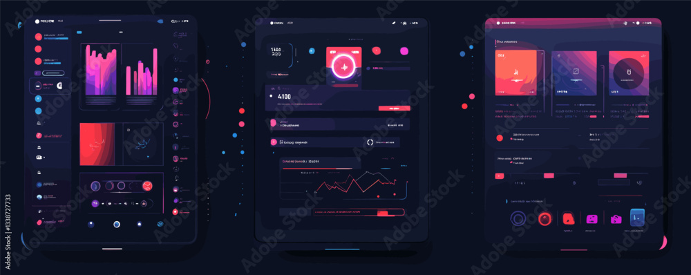Aufkleber interactive dashboard with data visualizations on dark ui screens with analytics and graphs.