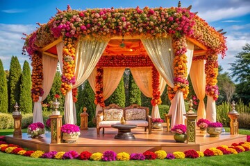 Vibrant Indian Wedding Mandap Decoration Stock Photo - Colorful Floral Canopy