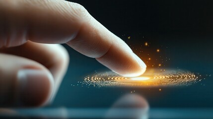 A hand gently touches a screen, featuring a serene glowing line, showcasing, design and subtle innovation in technology