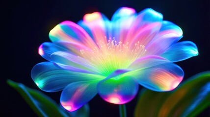 A colorful flower with a blue stem and green leaves
